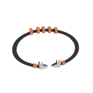 Renderização 3D de uma pulseira minimalista preta com contas laranjas e fechos de cabeça de raposa prateados, apresentada sob