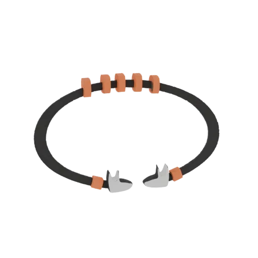 3D-Render eines minimalistischen schwarzen Armbands mit orangen Perlen und silbernen Fuchs-Kopf-Verschlüssen, präsentiert auf