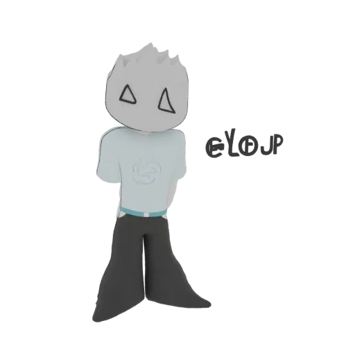 3D render of a chibi character with spiky gray hair, light blue t-shirt, and dark pants, standing against a white background.