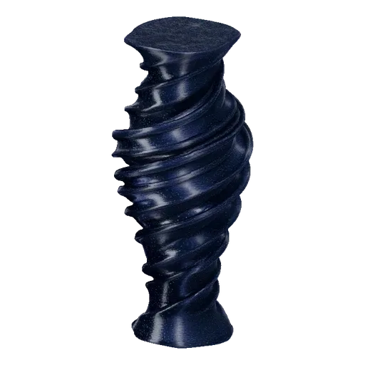 A 3D model of a dark blue vase with a prominent twisted spiral design, set against a neutral background.