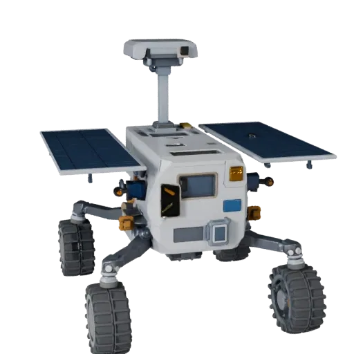 Ice World Planetary Rover Low Poly 3D model, game viewport three-quarter view, showing dusty wheels, vehicle stance.