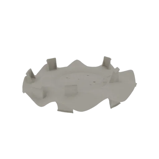 3D render of a wavy fan blade hub with a light gray, matte finish, showcasing its undulating contours and central mounting po
