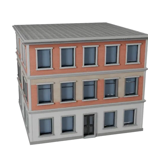 Modulares Straßenfassaden-Kit realistisches 3D-Modell, Dreiviertel-Außenansicht, zeigt modulare Gebäudebausatz-Materialien un