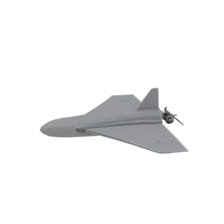 3D model of a grey stealth drone with sharp angles and an integrated jet engine, viewed from the side.