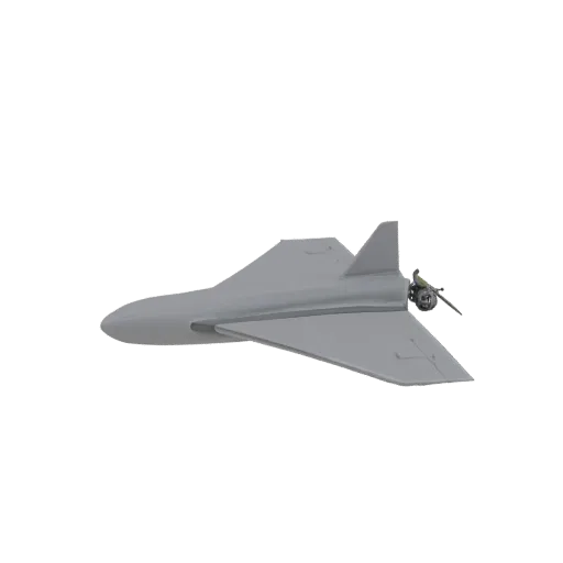 Modèle 3D d'un drone furtif gris aux angles vifs avec réacteur intégré, vu de côté.
