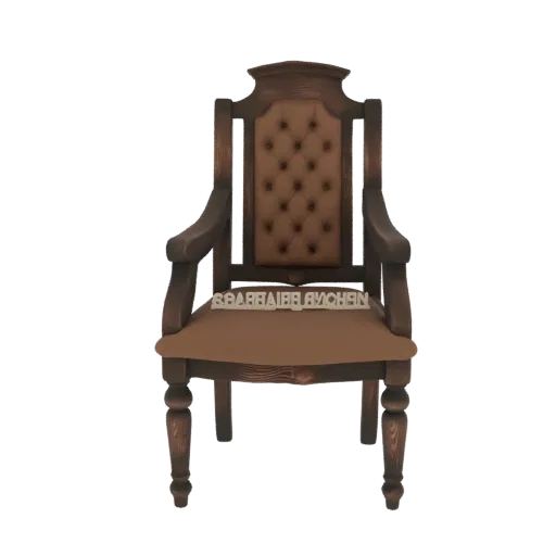 Una representación 3D de un sillón de madera ornamentado con respaldo y asiento capitoné marrón, sobre un fondo blanco.