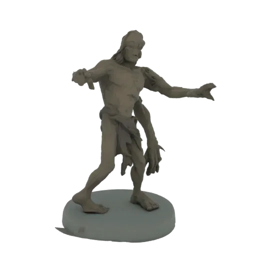 Renderização 3D de um guerreiro mutante magro e musculoso com tanga esfarrapada e mãos em forma de garra, posado agressivamen