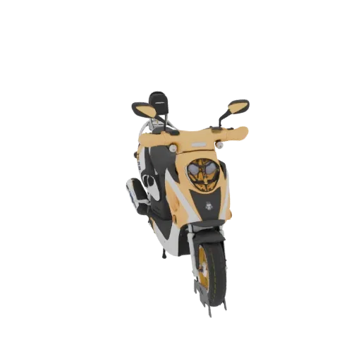 3D model of a yellow and black electric scooter, viewed from the front.