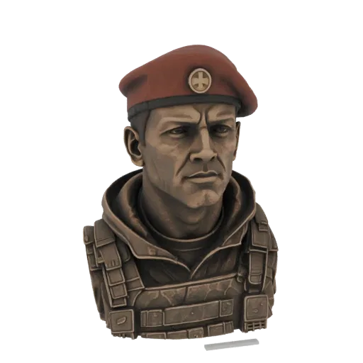 Modèle 3D d'un buste de commandant militaire en bronze portant un béret rouge et un gilet tactique, avec une expression sévèr