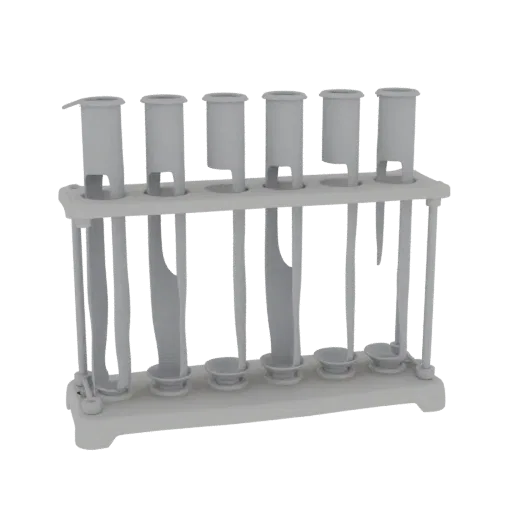 Chemistry Test Tube Rack 3D model, three-quarter front view, AR viewer studio render, showing glass, form detail.