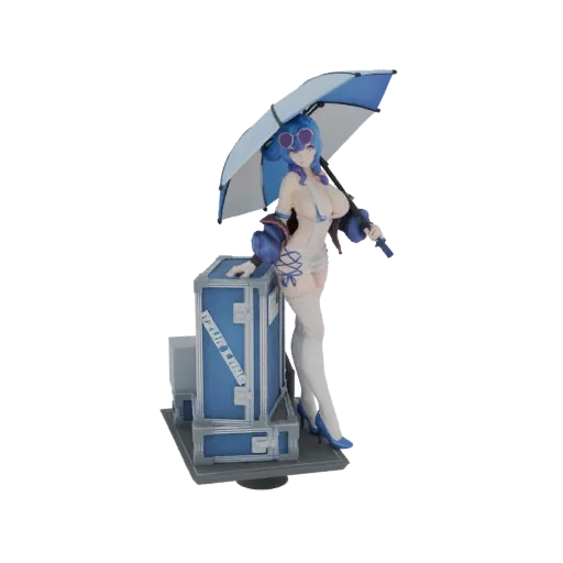 3D model of an anime-style beach girl in a white bikini holding a blue and white umbrella, standing on a base with blue crate