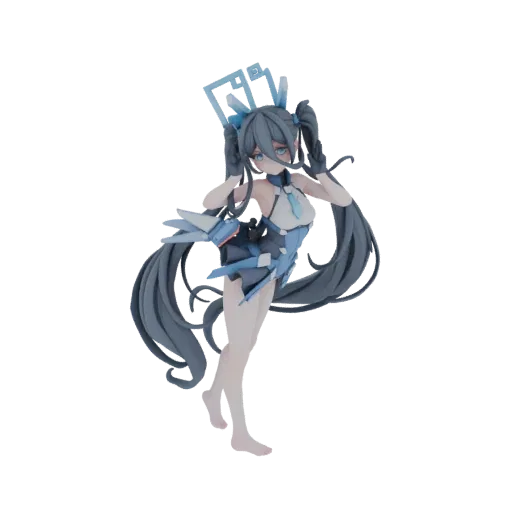 3D model of a futuristic idol with blue and white outfit, dark twin-tail hair, and blue eyes, posed dynamically.