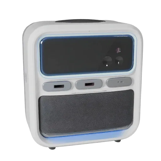 Security Smart Speaker stilisierter 3D-Modell, stilisierte isometrische Darstellung, die weiße Kunststoffe und kompakte Gerät