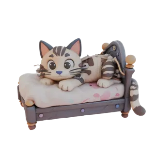 3D model of a cute striped cat lying on a plush bed with Disney-style patterns