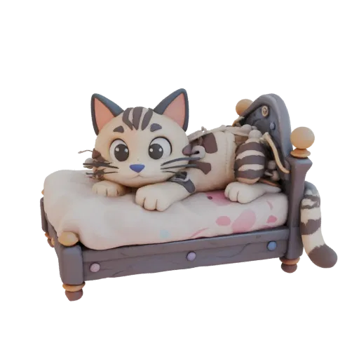 3D model of a cute striped cat lying on a plush bed with Disney-style patterns