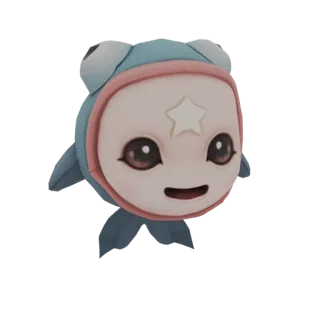 A 3D render of a cute, blue starfish creature wearing a fish-themed hood with googly eyes and a star on its forehead, smiling
