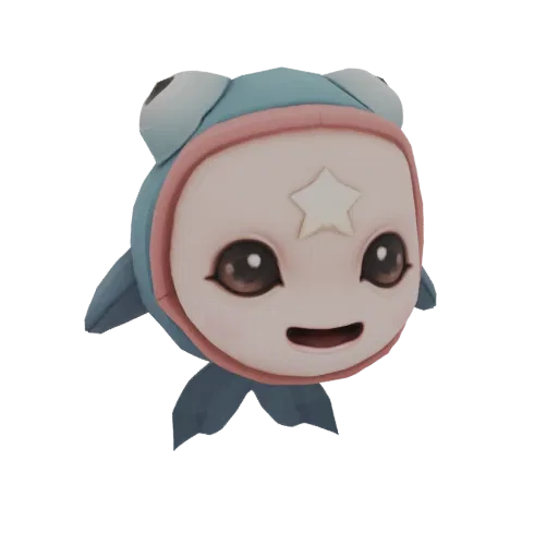 A 3D render of a cute, blue starfish creature wearing a fish-themed hood with googly eyes and a star on its forehead, smiling