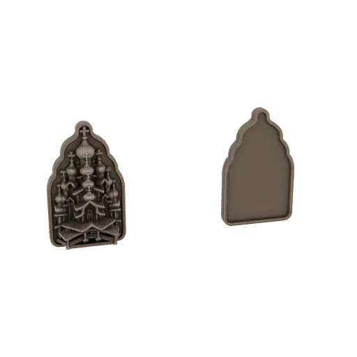 3D model of an Orthodox church with multiple onion domes and crosses, shown from the front and back.