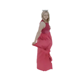3D model of a princess with blonde hair, wearing a pink gown and a tiara, posed gracefully.