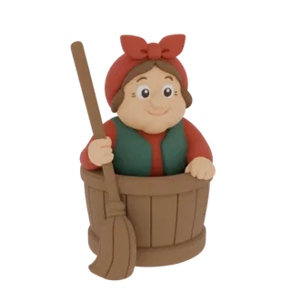 3D model render of a cheerful, chubby woman with a red headscarf and green vest, sitting in a wooden barrel and holding a bro