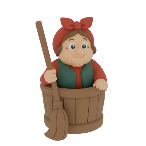 3D model render of a cheerful, chubby woman with a red headscarf and green vest, sitting in a wooden barrel and holding a bro