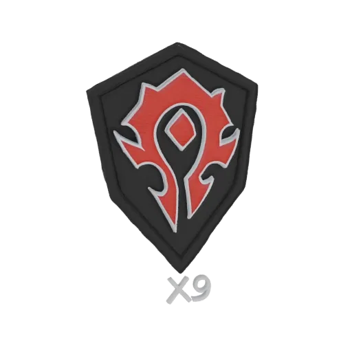 3D-Modell des Horde-Emblems aus World of Warcraft, mit rotem Symbol auf schwarzem Schild, darunter 'X9'-Text.