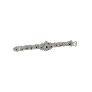 A 3D render of an ornate, silver-toned filigree bracelet with small black gemstones, displayed against a white background.