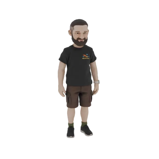 3D model of a cartoonish man with a beard, wearing a black t-shirt and brown shorts, standing against a white background.