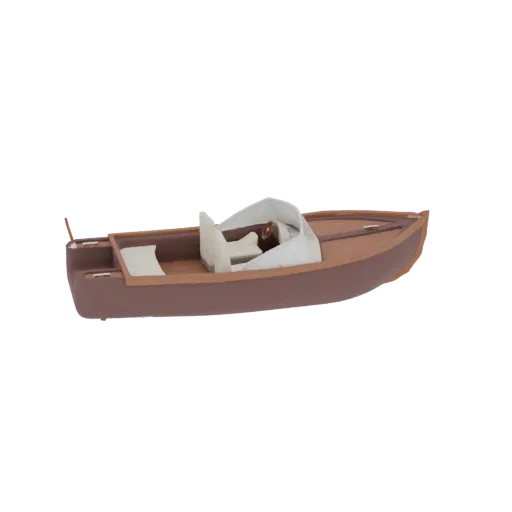 Vue latérale d'un modèle 3D de bateau en bois classique avec une coque marron et une verrière blanche.