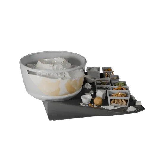 Baking Flour Bowl 3D model, three-quarter front view, Unity viewport, showing powders, small ingredient shapes.
