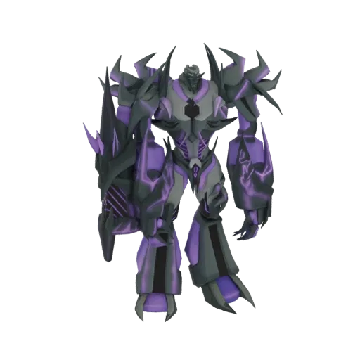Modelo 3D de Dark Megatron, um Transformer ameaçador com armadura cinza escura e linhas de energia roxas brilhantes, em pose