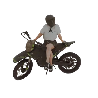 3D model of a female rider wearing a helmet and casual clothes, sitting on a black and green dirt bike.