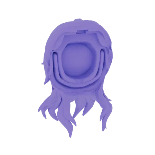 3D model of a vibrant purple wig with long, flowing wavy hair strands against a black background.
