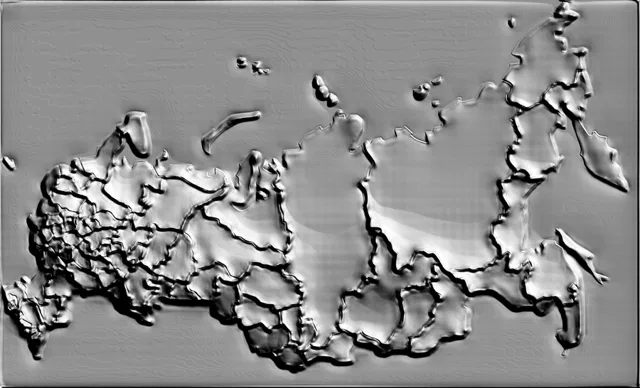 Modello 3D della mappa in rilievo della Russia con confini regionali chiaramente definiti, realizzato in stile bassorilievo.