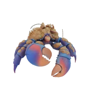 3D model of a fantasy crab with a sand-textured shell and bright blue and orange claws, posed dynamically.