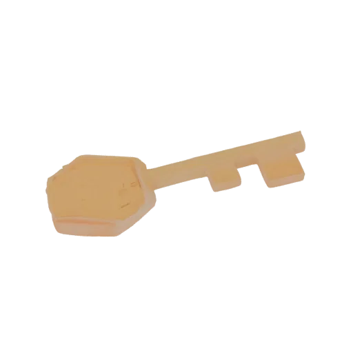 A 3D render of a stylized golden key with a faceted head and a simple bit, isolated on a white background.