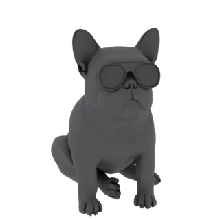 Ein 3D-Rendering einer grauen Französischen Bulldogge mit dunkler Sonnenbrille, sitzend mit nach vorne gestreckten Vorderpfot