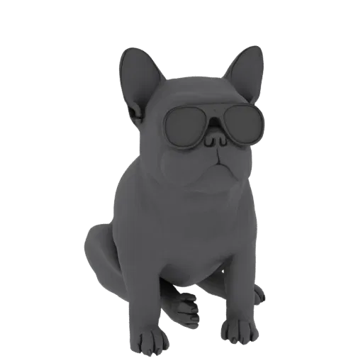 A 3D render of a gray French Bulldog wearing dark sunglasses, sitting with its front paws forward.