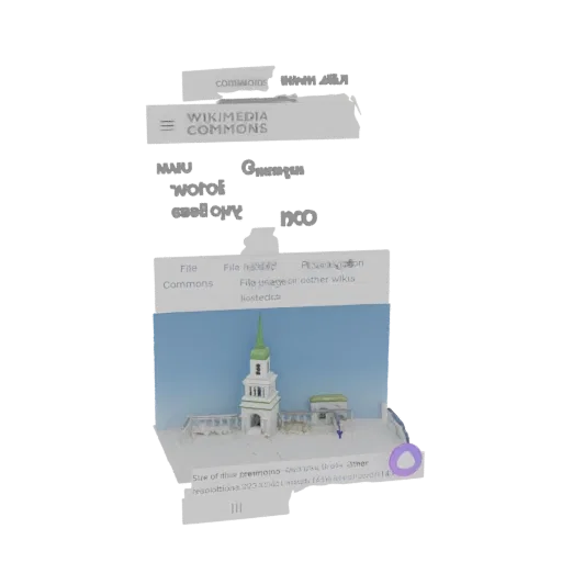 3D model of a white Orthodox church with a green steeple and onion dome, set against a blue sky.