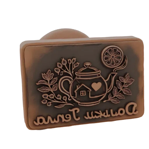 3D render of an antique-style embossed stamp featuring a teapot with a heart and house, surrounded by leaves and berries, wit