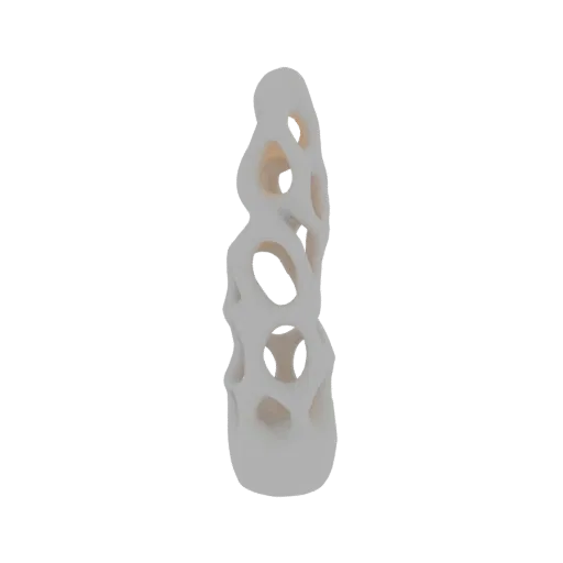 Un rendu 3D d'une sculpture abstraite de couleur claire avec une forme haute, fluide et organique et de multiples espaces cre