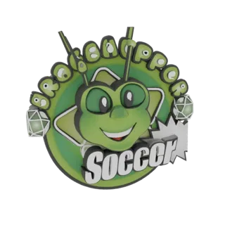 Modèle 3D mascotte scarabée vert avec ballon de foot et le mot 'Soccer'.