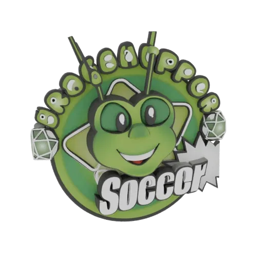 3D model of a green bug mascot with a soccer ball and the word 'Soccer' in bold letters.