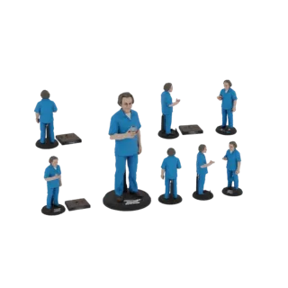 3D model of a man in a blue uniform holding a small device, presented on a black base.