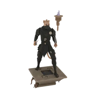 3D-Modell eines Fell-Ninjas mit Dolchen und einer Fackel, stehend auf einem detaillierten Sockel, vor weißem Hintergrund gere