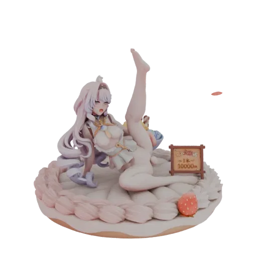 3D model of a cute anime girl in a playful pose on a strawberry cake base, with pink hair and a white outfit.