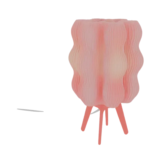 3D model of a wavy pink lamp with three coral-pink legs, set against a white background.