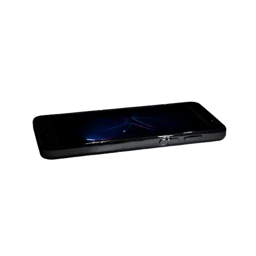 Compact Gaming Phone Realistic 3D model, three-quarter studio render, showing glass screens, thin device proportions.