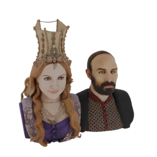 3D model of a royal couple bust, featuring a woman with an ornate headdress and a man with a beard, both in historical attire