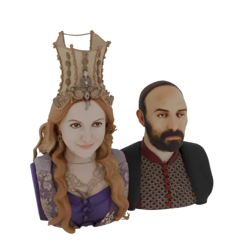 Modelo 3D de busto de pareja real, con una mujer con un tocado ornamentado y un hombre con barba, ambos con atuendo histórico